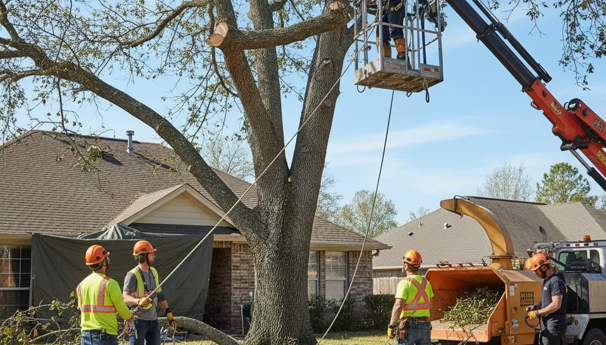 Aurora, IL tree removal crew safely removing a hazardous tree for a local property