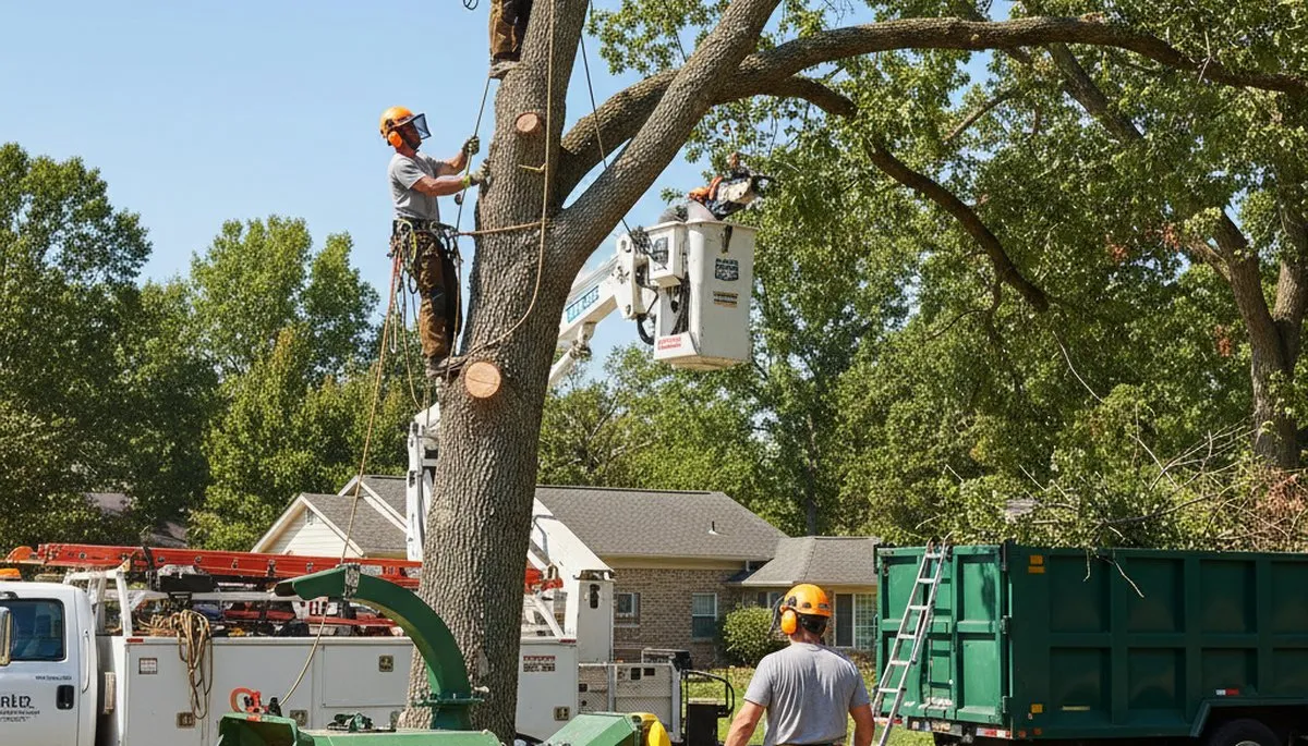 Aurora, IL tree removal crew safely removing a hazardous tree on a residential property