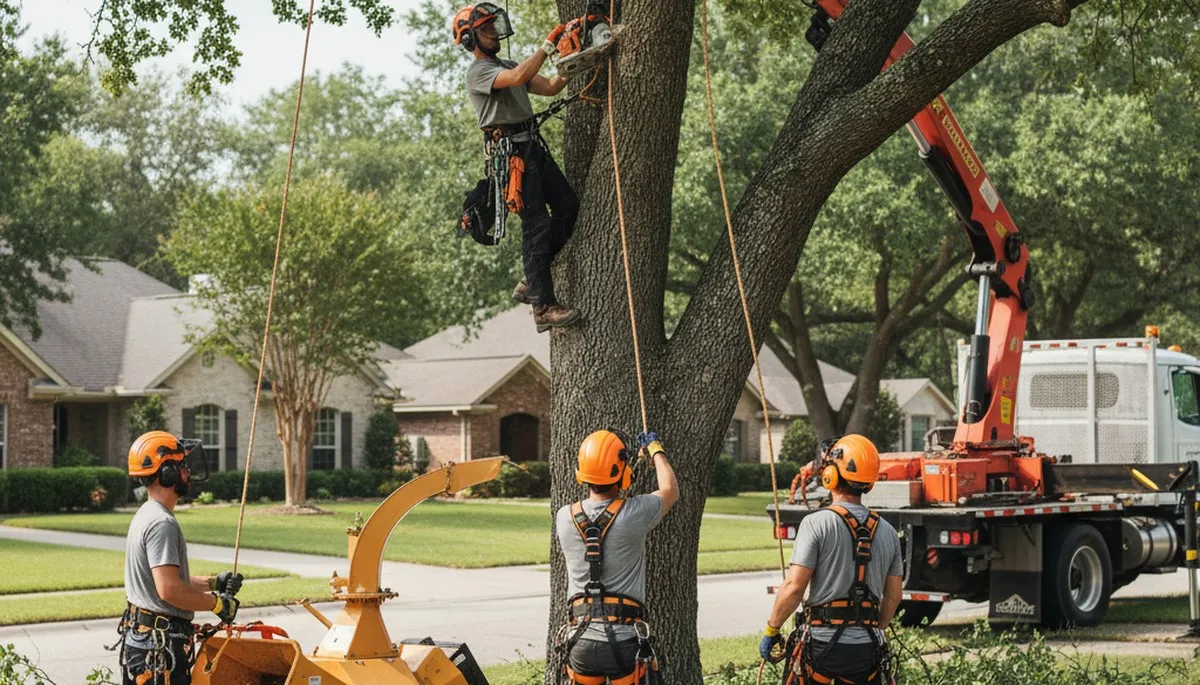 Aurora, IL tree removal crew safely removing a hazardous tree from a residential property