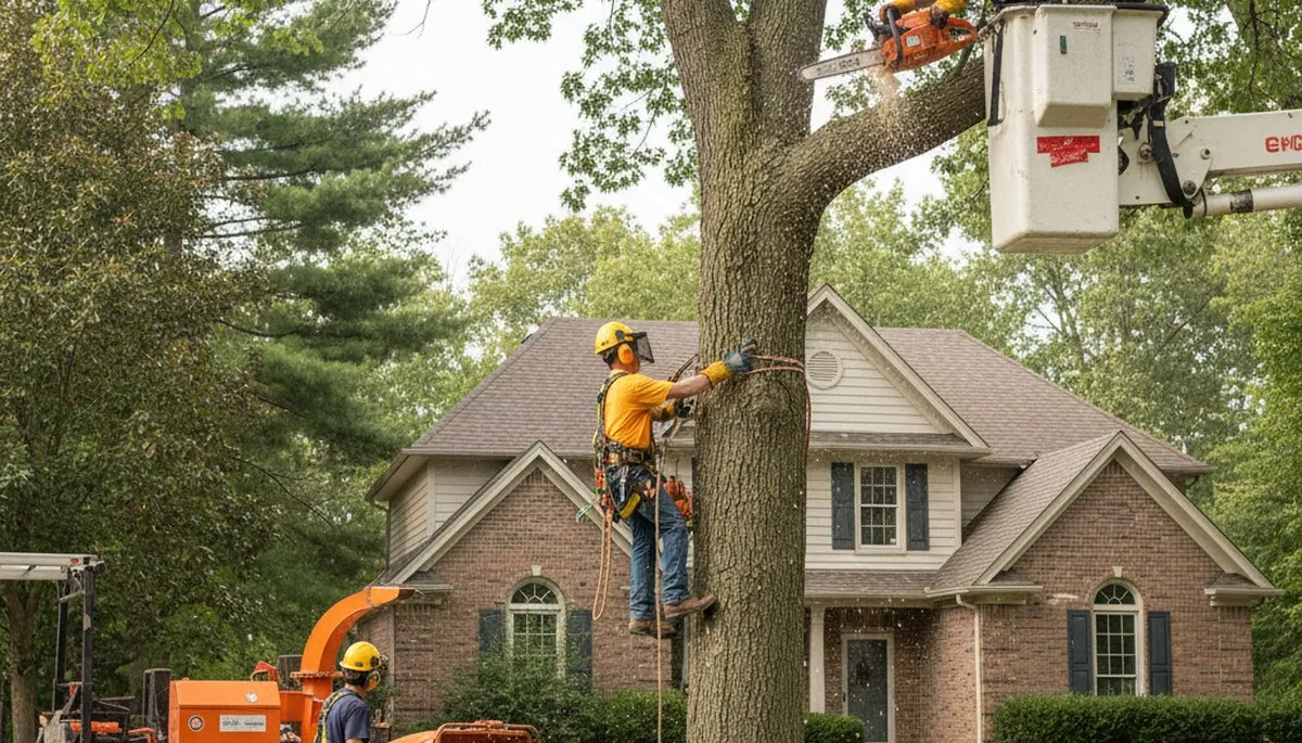 Tree service crew in Aurora, IL removing a tree for safe residential property care